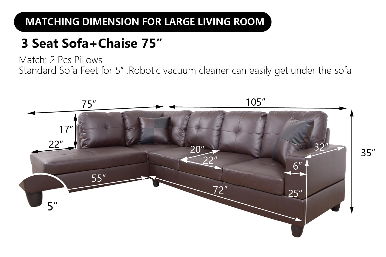 SIENWIEY Sectional Couch for Living Room Furniture Sets, Brown Leather Couch L Shape Couch Faux Leather Sofa Living Room Sofa with Chaise 2 Piece Using for Living RoomBrown,Facing Left Chaise