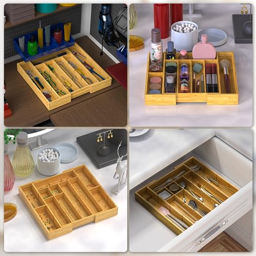 GAOLINE Bamboo Kitchen Drawer Organizer, Expandable Adjustable Silverware Drawer Organizer with 4 Adjustable Boards, Utensil Holder Cutlery Tray for Flatware, Silverware, Kitchen Utensil