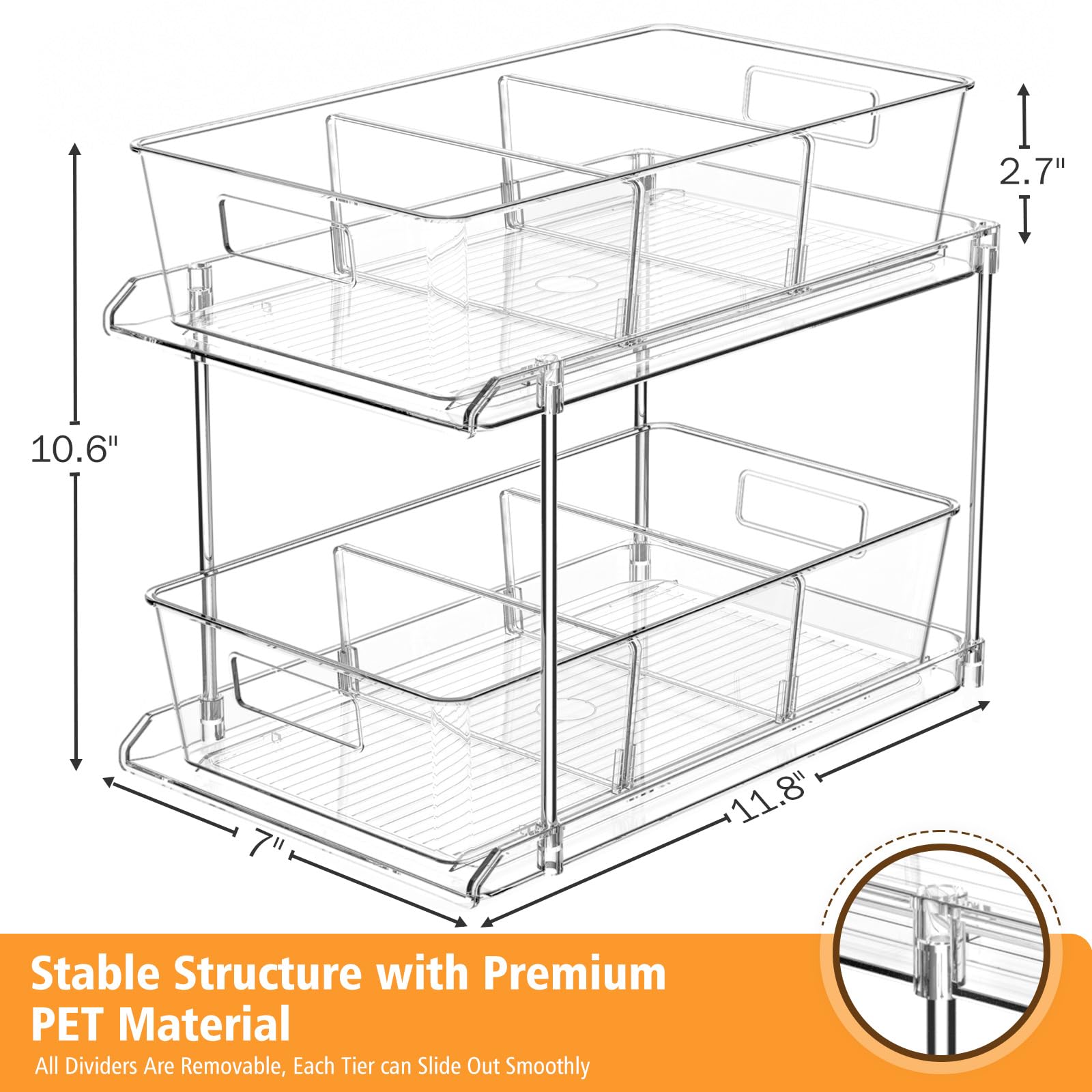 FabSpace Pull-out Home Organizers, 2 Tier Clear Bathroom Organizer with Dividers, Multipurpose Vanity Counter Tray, Kitchen, Closet Organizers and Storage Container Bins for Cabinet, Pantry