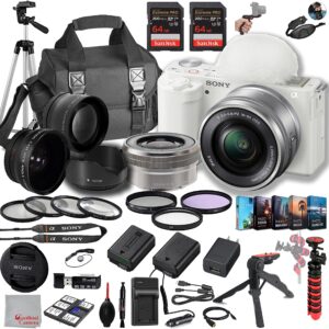 sony zv-e10 mirrorless camera with 16-50mm lens, 128gb extreem speed memory,.43 wide angle & 2x lenses, case. tripod, filters, hood, grip,spare battery & charger, editing software kit -deluxe bundle