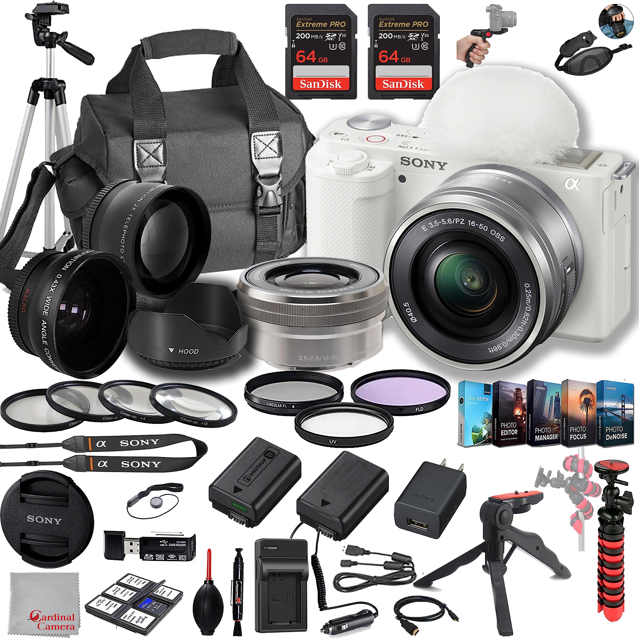 Sony ZV-E10 Mirrorless Camera with 16-50mm Lens, 128GB Extreem Speed Memory,.43 Wide Angle & 2X Lenses, Case. Tripod, Filters, Hood, Grip,Spare Battery & Charger, Editing Software Kit -Deluxe Bundle