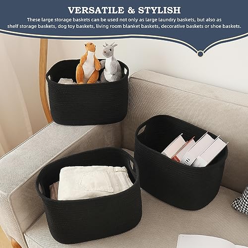 AUSSIY 1 Pack Rope Baskets for Storage Basket, Cotton Rope Woven Basket with Handles. Blanket Basket for Storing Clothes, Toys, Books, Shelves etc, 15''L x 10''W x 9.5''H, Black