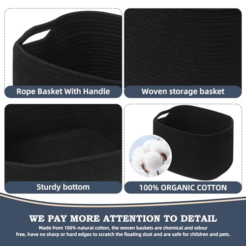 AUSSIY 1 Pack Rope Baskets for Storage Basket, Cotton Rope Woven Basket with Handles. Blanket Basket for Storing Clothes, Toys, Books, Shelves etc, 15''L x 10''W x 9.5''H, Black