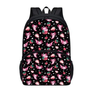 parprinty cartoon strawberry axolotl backpack for girls durable sturdy lightweight 17" cute school backpack teen girls kids black bookbag double zipper aesthetic casual daypack with front pocket