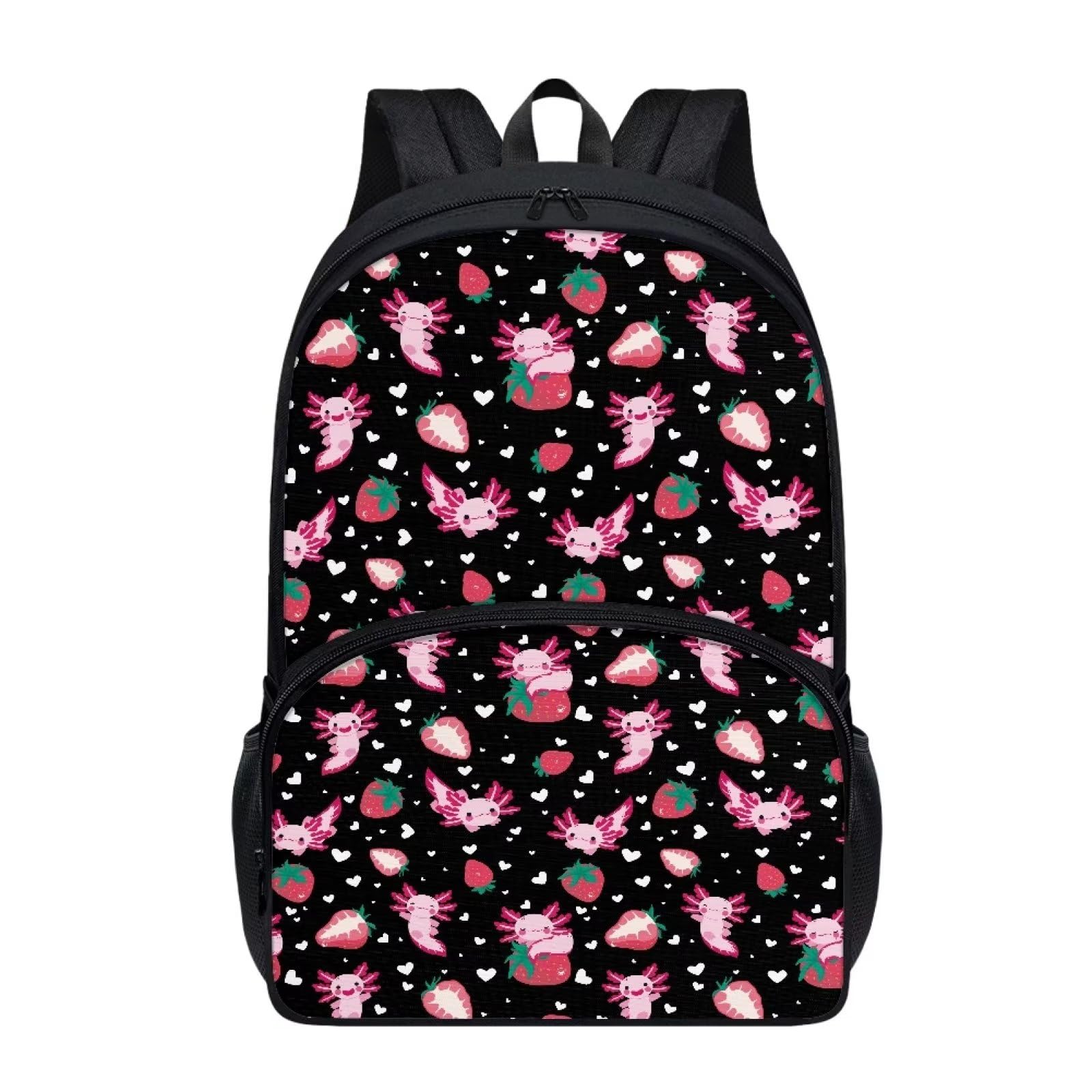 Parprinty Cartoon Strawberry Axolotl Backpack for Girls Durable Sturdy Lightweight 17" Cute School Backpack Teen Girls Kids Black Bookbag Double Zipper Aesthetic Casual Daypack with Front Pocket