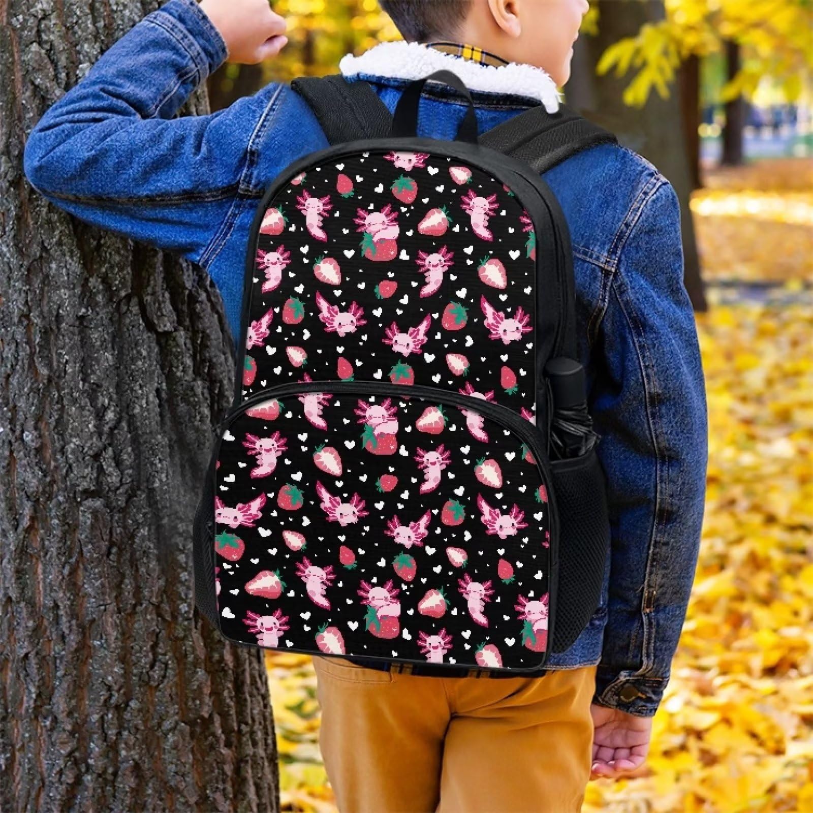 Parprinty Cartoon Strawberry Axolotl Backpack for Girls Durable Sturdy Lightweight 17" Cute School Backpack Teen Girls Kids Black Bookbag Double Zipper Aesthetic Casual Daypack with Front Pocket