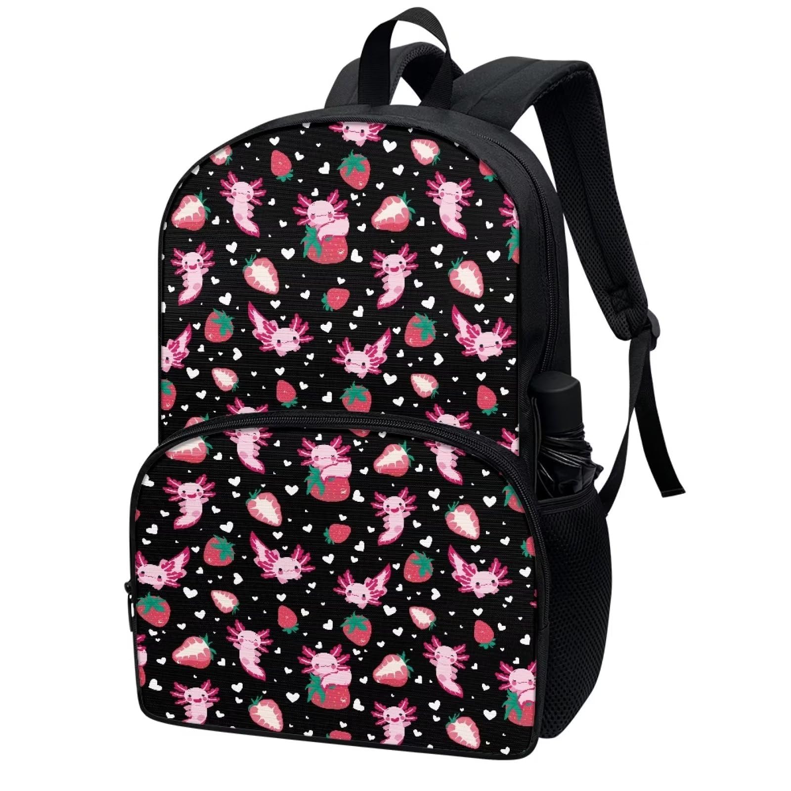 Parprinty Cartoon Strawberry Axolotl Backpack for Girls Durable Sturdy Lightweight 17" Cute School Backpack Teen Girls Kids Black Bookbag Double Zipper Aesthetic Casual Daypack with Front Pocket