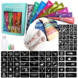 9 pcs 9 color temporary tattoo kit, with 5 page total 85 tattoo stencils sticker india temporary body art paint ink set, brown, black, maroon, red, blue, green