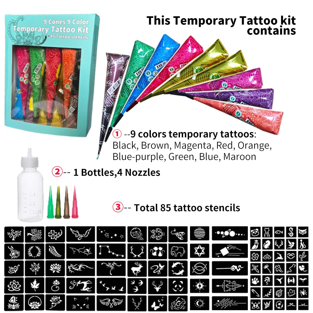 9 Pcs 9 Color Temporary Tattoo Kit, with 5 Page total 85 Tattoo Stencils Sticker India Temporary Body Art Paint Ink Set, Brown, Black, Maroon, Red, Blue, Green