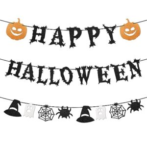 happy halloween banner - halloween hanging paper garland bunting banner bloody pumpkin decorations, photo backdrop for wall home mantle office wall scary party supplies