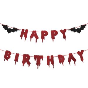 red glittery happy birthday halloween banner - halloween hanging paper garland bunting banner bloody bat vampire decorations, photo backdrop for wall home mantle office wall scary party supplies
