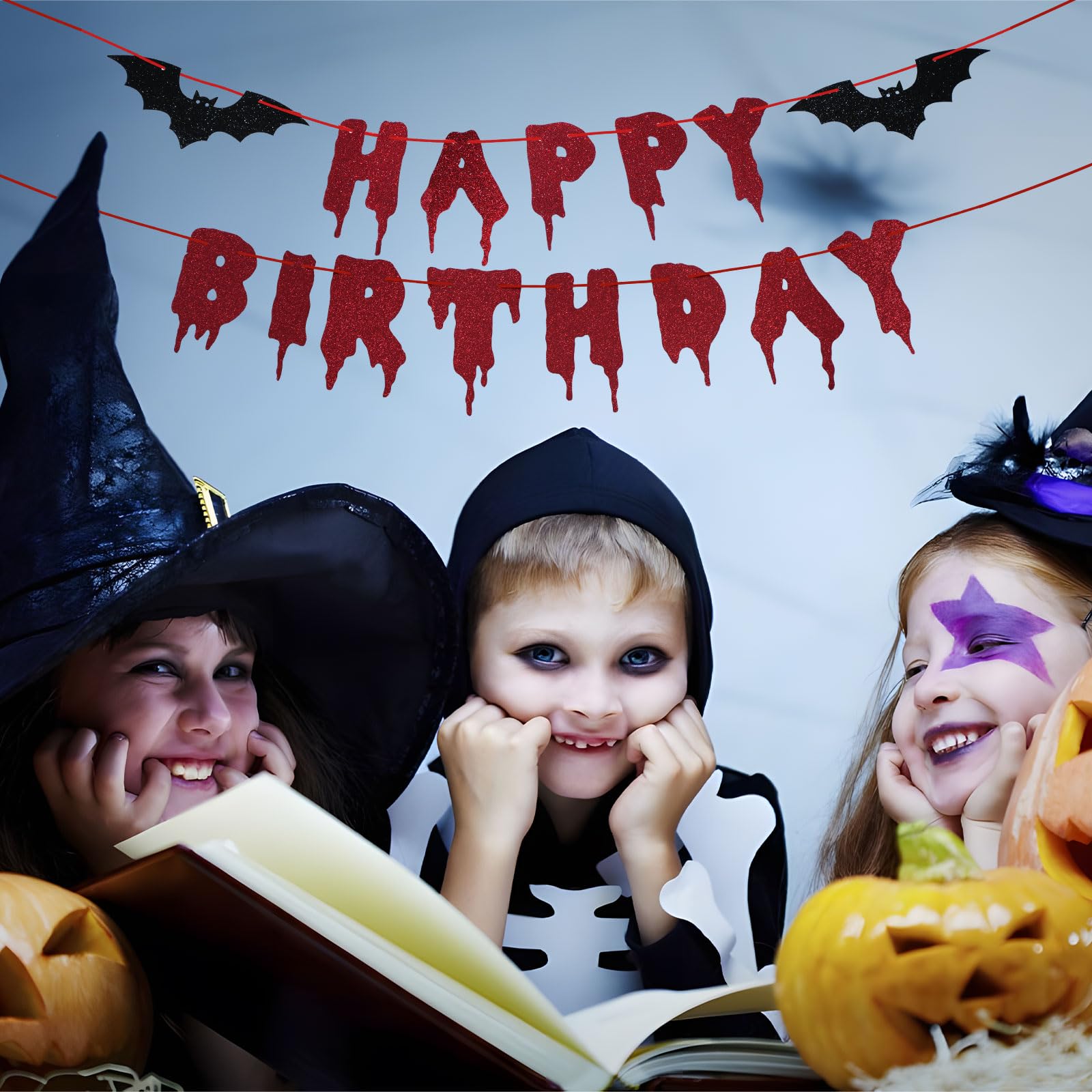 Red Glittery Happy Birthday Halloween Banner - Halloween Hanging Paper Garland Bunting Banner Bloody Bat Vampire Decorations, Photo Backdrop for Wall Home Mantle Office Wall Scary Party Supplies