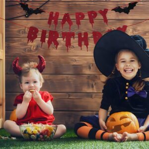 Red Glittery Happy Birthday Halloween Banner - Halloween Hanging Paper Garland Bunting Banner Bloody Bat Vampire Decorations, Photo Backdrop for Wall Home Mantle Office Wall Scary Party Supplies