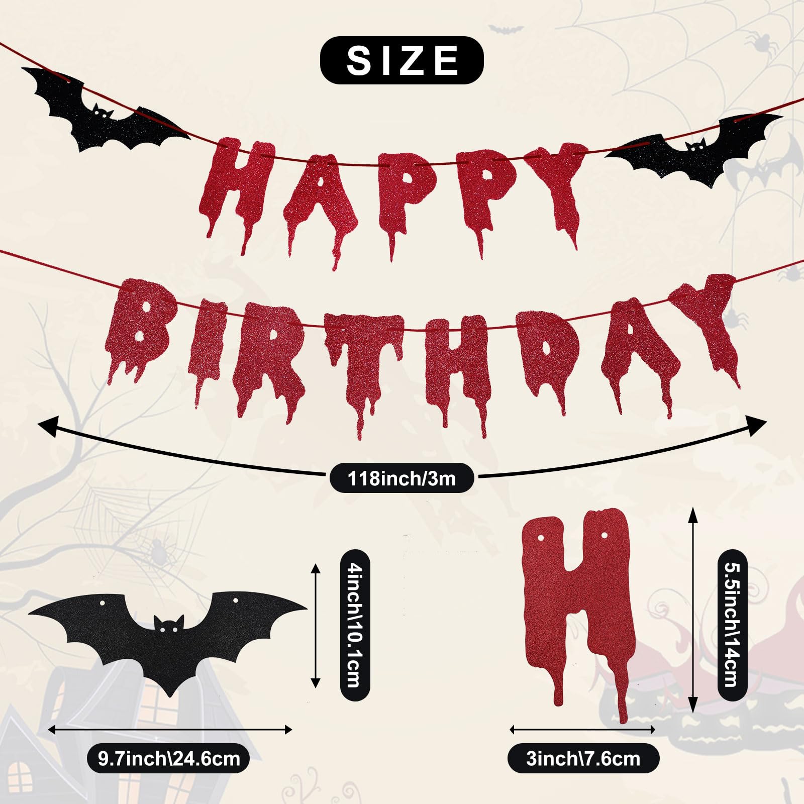 Red Glittery Happy Birthday Halloween Banner - Halloween Hanging Paper Garland Bunting Banner Bloody Bat Vampire Decorations, Photo Backdrop for Wall Home Mantle Office Wall Scary Party Supplies