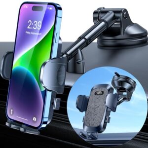 yru true military-grade car phone holder [2024 upgraded rotatable strongest suction cup] cell phone mount for dashboard windshield truck cradle dash stand for iphone 15 14 13 12 pro max, black