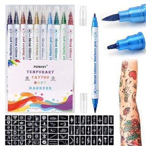 ponhey temporary tattoo markers, 10 body markers + 67 large tattoo stencils for kids and adults, skin-safe and coloured ink double-ended tattoo pens make bold and fine lines for body and facial art