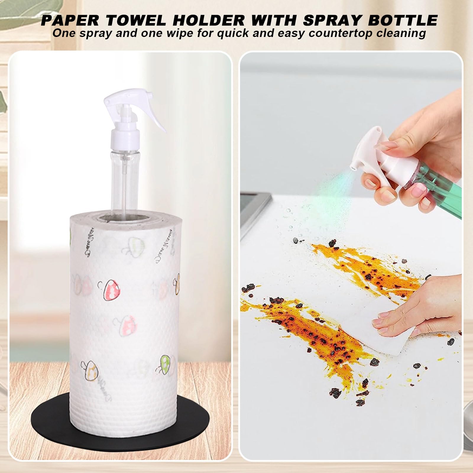 Paper Towel Holder with Spray Bottle,Stainless Steel Countertop Paper Towel Holder for Kitchen Bedroom and Bathroom, One-Handed Operation Kitchen Paper Towels Holder with Non Slip Weighted Base Black