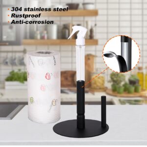 Paper Towel Holder with Spray Bottle,Stainless Steel Countertop Paper Towel Holder for Kitchen Bedroom and Bathroom, One-Handed Operation Kitchen Paper Towels Holder with Non Slip Weighted Base Black