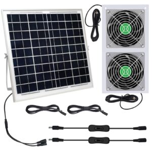 wroyeti solar powered fan 20w solar panel fan for chicken coop two waterproof fans on/off switch 15ft cable outdoor solar fan for chickens, greenhouses, sheds,pet houses,window exhaust