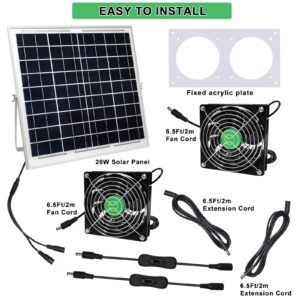 Wroyeti Solar Powered Fan 20W Solar Panel Fan for Chicken Coop Two Waterproof Fans On/Off Switch 15Ft Cable Outdoor Solar Fan for Chickens, Greenhouses, Sheds,Pet Houses,Window Exhaust