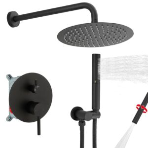 besy shower system with 10 inch round rain shower head and handheld wall mounted, high pressure rainfall shower faucet fixture combo set with 2 in 1 handheld showerhead for bathroom, matte black