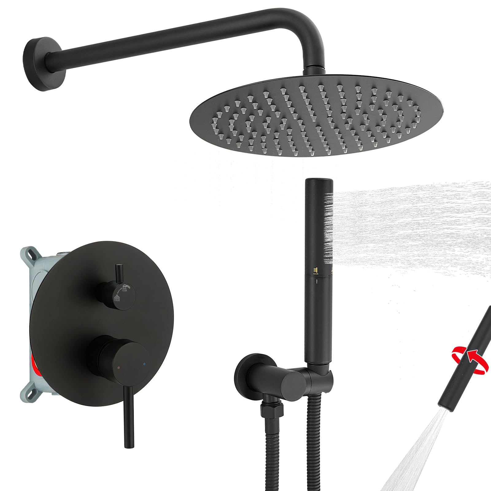 BESy Shower System with 10 Inch Round Rain Shower Head and Handheld Wall Mounted, High Pressure Rainfall Shower Faucet Fixture Combo Set with 2 in 1 Handheld Showerhead for Bathroom, Matte Black