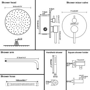 BESy Shower System with 10 Inch Round Rain Shower Head and Handheld Wall Mounted, High Pressure Rainfall Shower Faucet Fixture Combo Set with 2 in 1 Handheld Showerhead for Bathroom, Matte Black