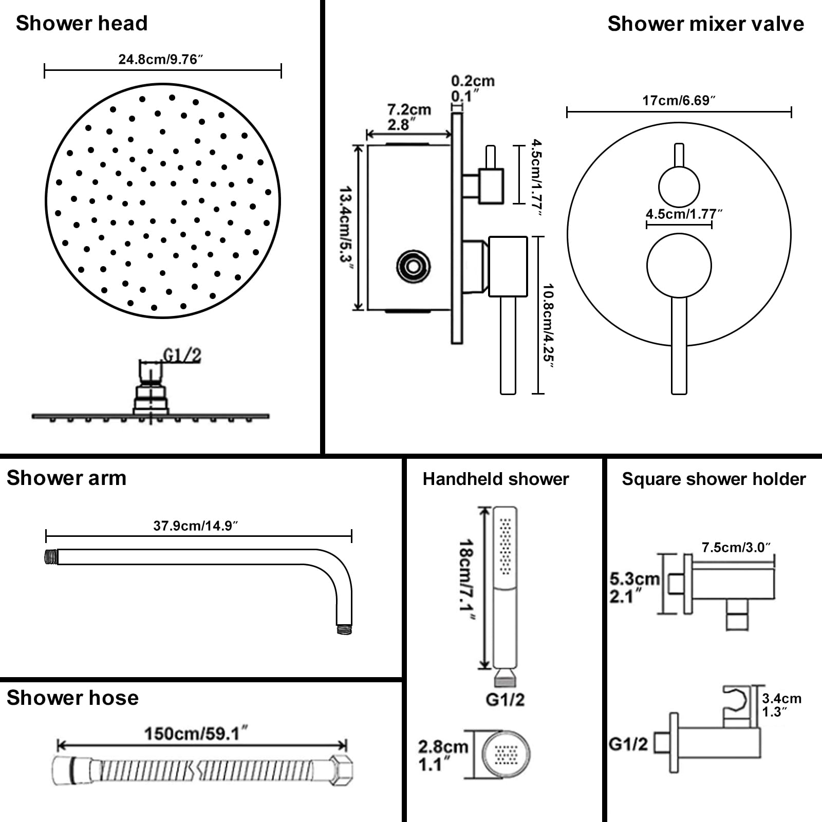 BESy Shower System with 10 Inch Round Rain Shower Head and Handheld Wall Mounted, High Pressure Rainfall Shower Faucet Fixture Combo Set with 2 in 1 Handheld Showerhead for Bathroom, Matte Black