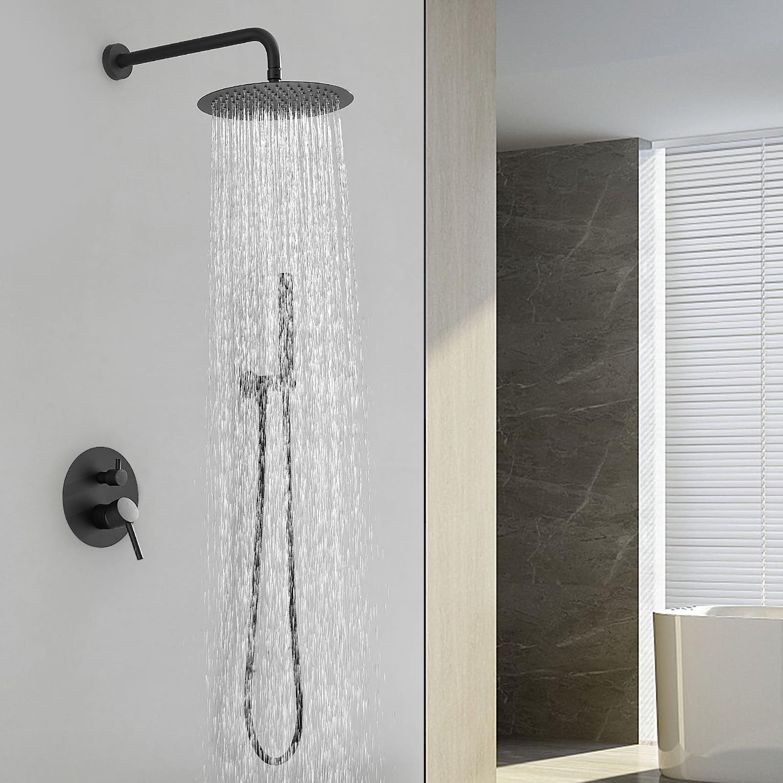 BESy Shower System with 10 Inch Round Rain Shower Head and Handheld Wall Mounted, High Pressure Rainfall Shower Faucet Fixture Combo Set with 2 in 1 Handheld Showerhead for Bathroom, Matte Black