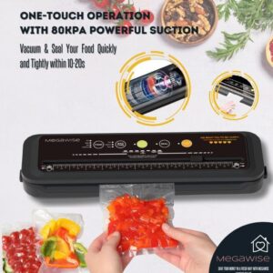 2023 Model B Megawise Powerful & Compact Vacuum Sealer Machine One-Touch Automatic Food Sealer 4 Food Types (Cold Wet Moist Dry) & 3 Bag types (Thick Medium Thin）OMNI MACHINE (Black)