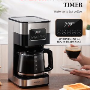 KIDISLE Programmable Drip Coffee Maker with Regular & Strong Brew, Warming Plate, 10 Cup Small Coffee Machine with Touch Screen, Glass Carafe and Reusable Filter for Home and Office, Stainless Steel