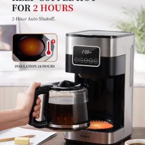 KIDISLE Programmable Drip Coffee Maker with Regular & Strong Brew, Warming Plate, 10 Cup Small Coffee Machine with Touch Screen, Glass Carafe and Reusable Filter for Home and Office, Stainless Steel
