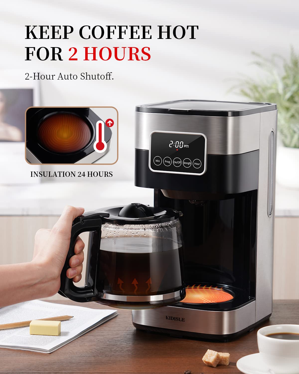 KIDISLE Programmable Drip Coffee Maker with Regular & Strong Brew, Warming Plate, 10 Cup Small Coffee Machine with Touch Screen, Glass Carafe and Reusable Filter for Home and Office, Stainless Steel