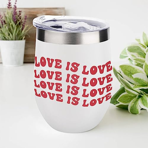 Mighun LGBT Pride Wine Tumbler with Lid Love Is Love Valentine's Day Vacuum Coffee Tumbler Stainless Steel Coffee Cup for Cold & Hot Drinks Wine Coffee Cocktails Beer 12 Oz