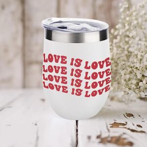Mighun LGBT Pride Wine Tumbler with Lid Love Is Love Valentine's Day Vacuum Coffee Tumbler Stainless Steel Coffee Cup for Cold & Hot Drinks Wine Coffee Cocktails Beer 12 Oz