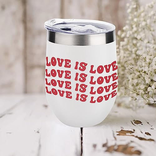 Mighun LGBT Pride Wine Tumbler with Lid Love Is Love Valentine's Day Vacuum Coffee Tumbler Stainless Steel Coffee Cup for Cold & Hot Drinks Wine Coffee Cocktails Beer 12 Oz