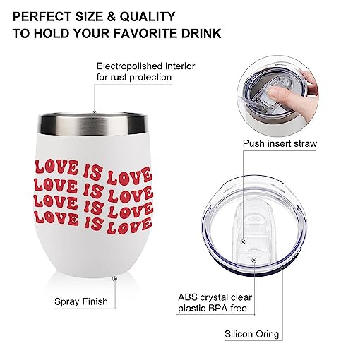 Mighun LGBT Pride Wine Tumbler with Lid Love Is Love Valentine's Day Vacuum Coffee Tumbler Stainless Steel Coffee Cup for Cold & Hot Drinks Wine Coffee Cocktails Beer 12 Oz