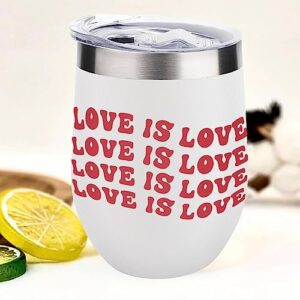 Mighun LGBT Pride Wine Tumbler with Lid Love Is Love Valentine's Day Vacuum Coffee Tumbler Stainless Steel Coffee Cup for Cold & Hot Drinks Wine Coffee Cocktails Beer 12 Oz