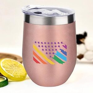 Mighun LGBT Pride Wine Tumbler with Lid Lgbt American Flag Rainbow Vacuum Coffee Tumbler Stainless Steel Coffee Cup for Cold & Hot Drinks Wine Coffee Cocktails Beer 12 Oz