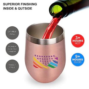 Mighun LGBT Pride Wine Tumbler with Lid Lgbt American Flag Rainbow Vacuum Coffee Tumbler Stainless Steel Coffee Cup for Cold & Hot Drinks Wine Coffee Cocktails Beer 12 Oz