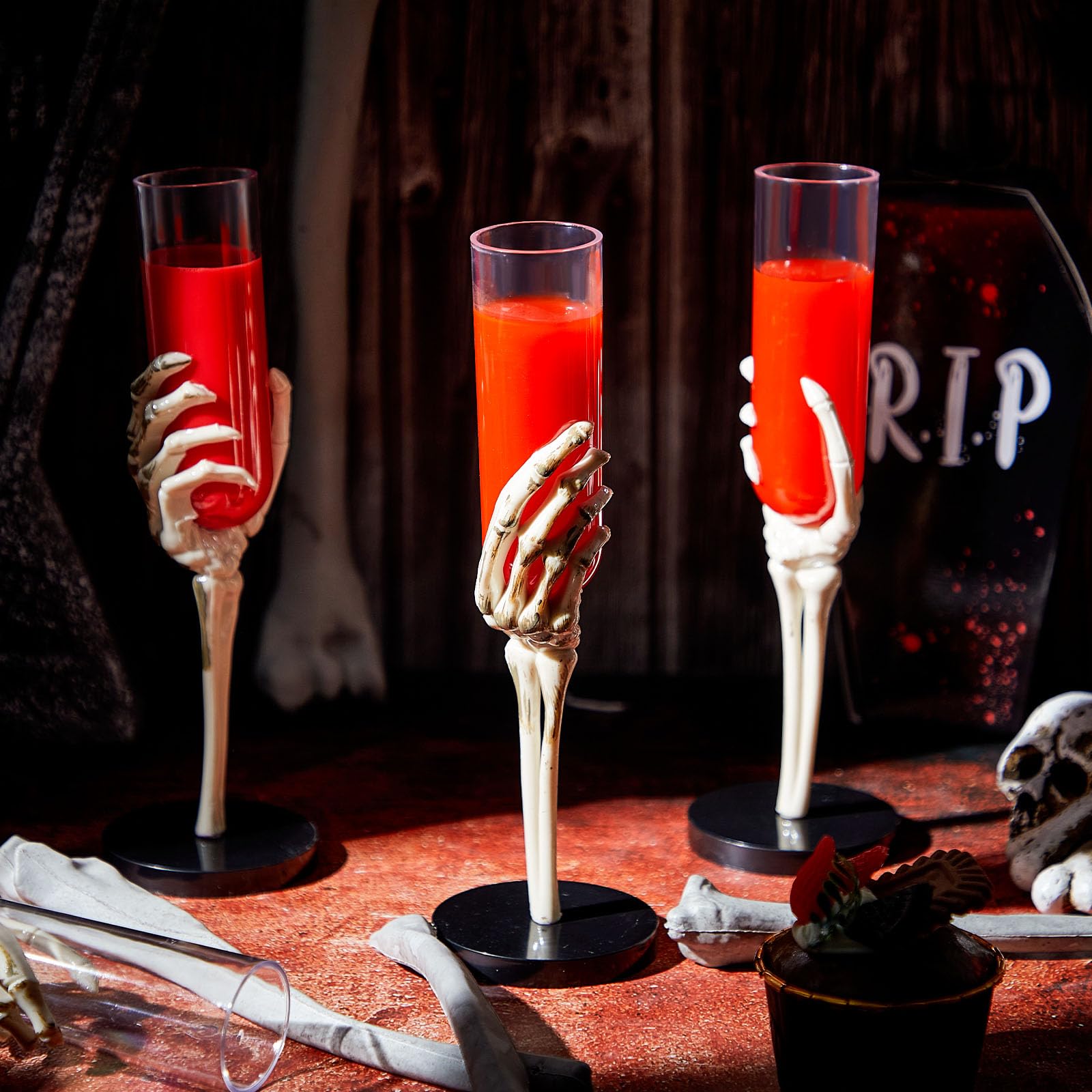 Tanlade 2.7 oz Goblets with Spooky Skeleton Hand Plastic Champagne Flutes Cups for Decorations and Haunted House(Champagne, 12 Pcs)