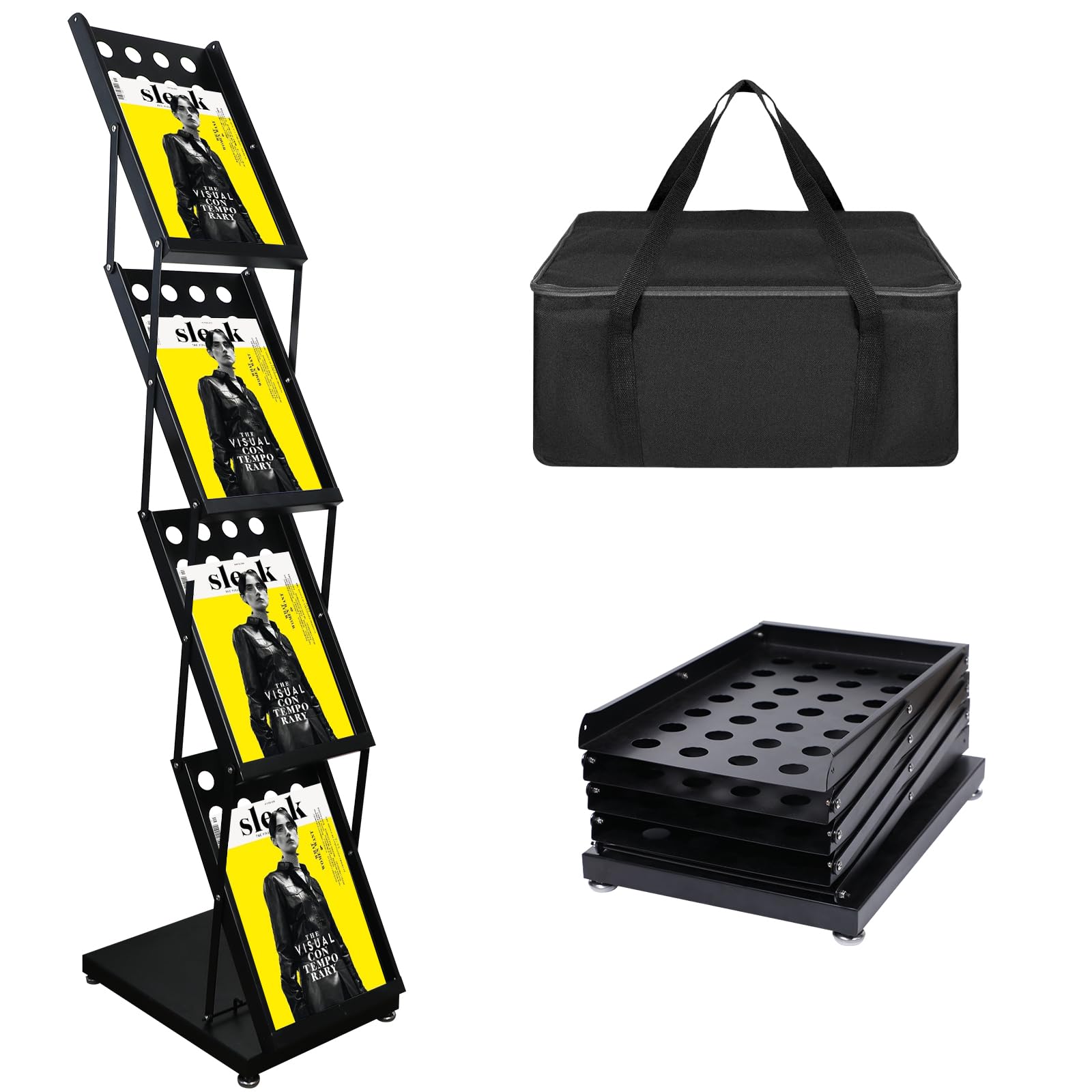 PUJIANG 4 Pockets Folding Magazine Rack，Floor Metal Black Literature Rack with Case Brochure Stand Literature Stand Catalog Holder Stand Flyer Display Stand for Trade Show Exhibition Office Retail