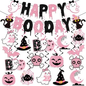 pink halloween party decorations, halloween birthday party decorations includes happy boo day banner and halloween hanging swirls, pink halloween party decor for halloween outdoor indoor supplies