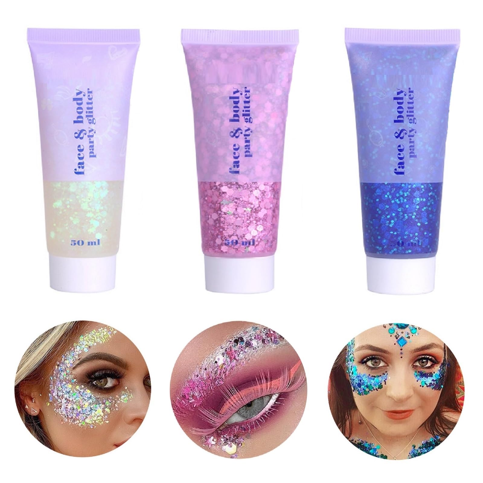 3 Colors Face and Body Glitter Gel,Holographic Cosmetic Laser Powder Festival Glitter Makeup,Sequins Shimmer Liquid Eyeshadow,Singer Concerts Music Festival Rave Accessories-150ML (White+Pink+Blue)