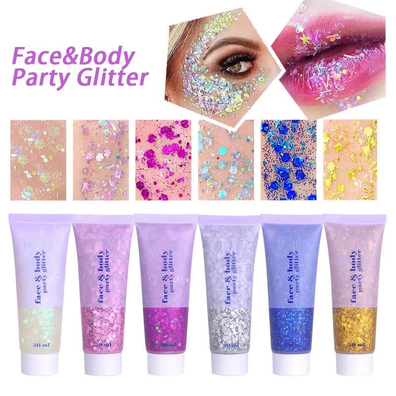 3 Colors Face and Body Glitter Gel,Holographic Cosmetic Laser Powder Festival Glitter Makeup,Sequins Shimmer Liquid Eyeshadow,Singer Concerts Music Festival Rave Accessories-150ML (White+Pink+Blue)