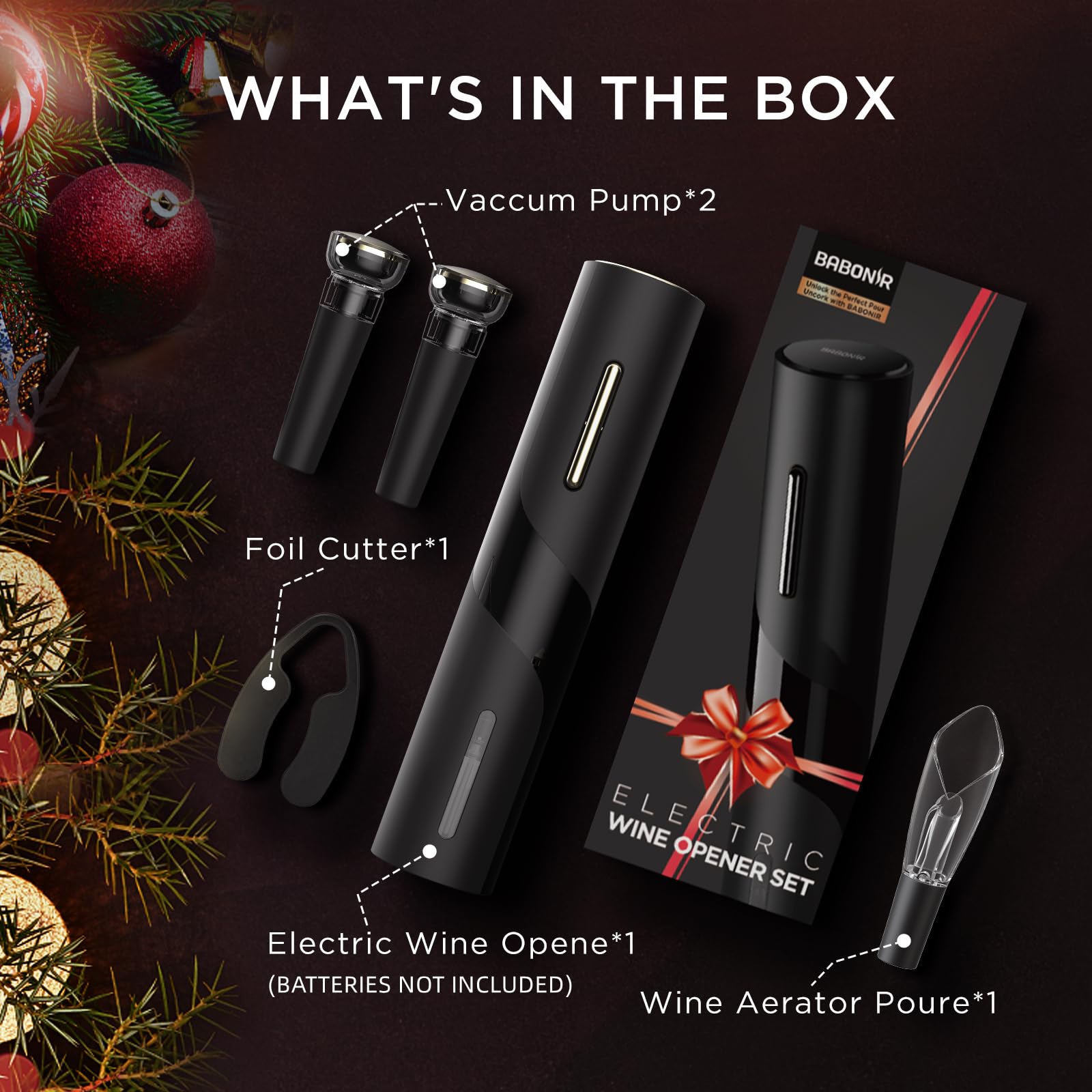 BABONIR Electric Wine Opener Set - Automatic Electronic Bottle Openers with Greeting Card, Vacuum Stoppers, Wine Aerator, and Foil Cutter, Ideal Gift for Wine Lovers, Party, and Home Entertaining