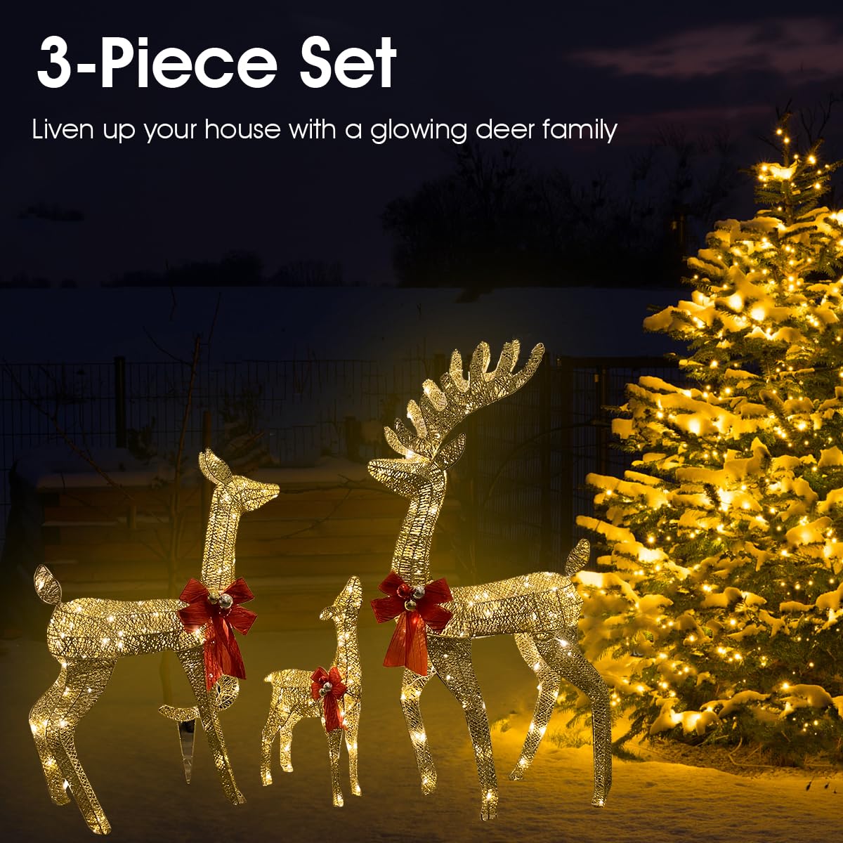 Aotiooy 3-Piece Large Lighted Christmas Deer Family Set 4FT Outdoor Yard Decoration with 360 LED Lights Stakes Holiday Lighted Reindeer for Outside Indoor