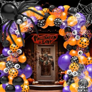 gojmzo halloween balloon garland arch kit, 5/10/12/18 inch confetti purple black and orange balloons with spider web, halloween decorations indoor, halloween balloon for party decorations