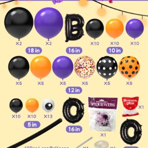 Gojmzo Halloween Balloon Garland Arch Kit, 5/10/12/18 Inch Confetti Purple Black and Orange Balloons with Spider Web, Halloween Decorations Indoor, Halloween Balloon for Party Decorations