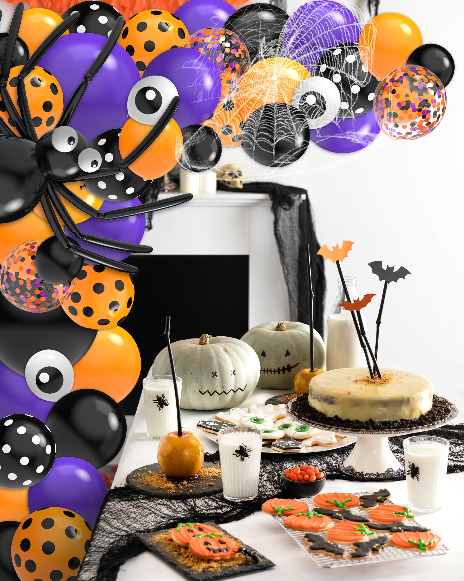 Gojmzo Halloween Balloon Garland Arch Kit, 5/10/12/18 Inch Confetti Purple Black and Orange Balloons with Spider Web, Halloween Decorations Indoor, Halloween Balloon for Party Decorations